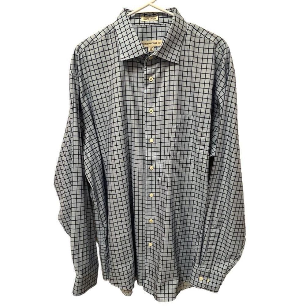 PRONTO UOMO Mens 100% Cotton No Iron Blue Plaid Button Down Shirt, Size 2XLT